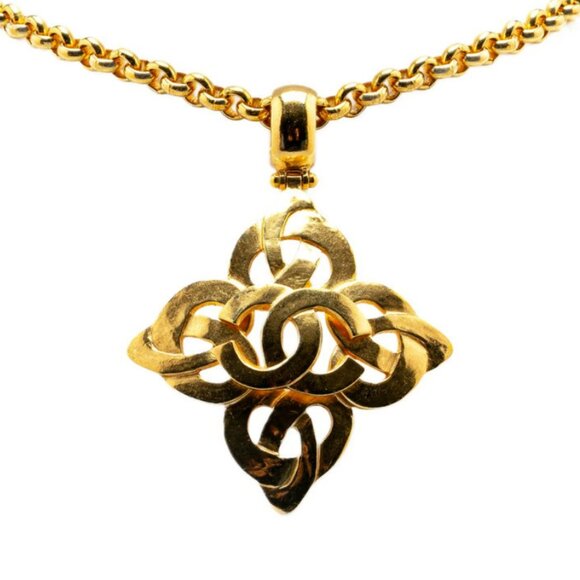 CHANEL CC Logos Rhombus Pendant Necklace 22" Gold Tone 97P Auth - Picture 2 of 4